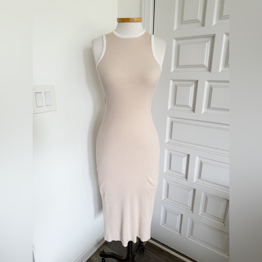 Cream Midi Sweater Dress Ribbed Bodycon Two-Tone Sleeveless Back Cutout